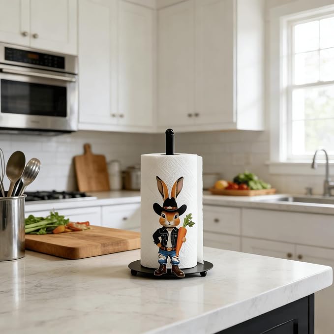 Cute Western Bunny Paper Towel Holder Countertop, Rustic Farmhouse Kitchen Decor, Funny Rabbit Paper Roll Holder, Freestanding Paper Towel Stand, Animal Decor for Kitchen and Bathroom(1 Pack)