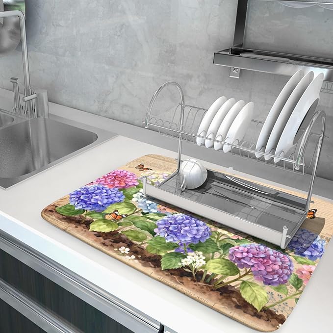Vintage Flowers Dish Drying Mat Large 24 X18 Hydrangea Microfiber Drying Matt Kitchen Counter - Image 5
