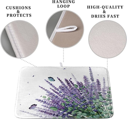 Purple Lavender Dish Drying Mat for Kitchen Counter, 18 x 24 Purple Floral Microfiber Dish Drainer Mats, Absorbent Reversible Microfiber Dish Mat, Butterflies Flowers Kitchen Drying Mats for Dishes - Image 3