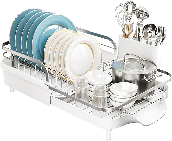 SNTD Dish Drying Rack, Expandable Dish Rack for Kitchen Counter, Stainless Steel Dish Drainer with Drainboard Set and Utensil Holder (White) - Image 8