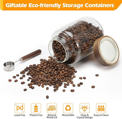 Large Glass Coffee Jars with Spoons 60 oz /1800ml, Round Storage Canister with Wooden Lid Clear Glass Food Jar for Pantry Sugar Tea Coffee Bean Spice Nuts Cookies Bath Salts (1800ml/60oz) - Image 4