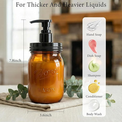 Amolliar Plastic Mason Jar Soap Dispenser with Pump Lid,16OZ Refillable Hand Soap Dispenser Set with Cute Lables - Farmhouse Decor for Kitchen Bathroom, Liquid Soap, Dish Soap, Lotion (2 Pack, Amber) - Image 3
