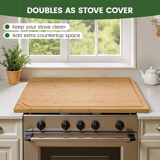 Kikcoin 30”×20” Bamboo Cutting Boards for Kitchen, Heavy Duty Wooden Cutting Boards, Healthy Extra Large Chopping Boards with Deep Juice Groove and Handle, Oversized Stove Top Cover, Natural - Image 3