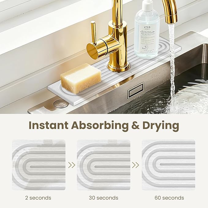 Premium Diatomite Stone Drying Mat for Kitchen Counter - Faucet Mat for Kitchen Sink, Sink Protector & Splash Guard, Quick-Dry Kitchen Sink Mat,Super Absorbent (White, 15.8"x4") - Image 6