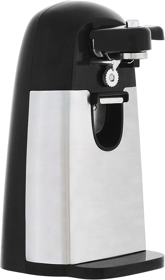 Amazon Basics 3-In-1 Electric Can Opener, Bottle Opener and Knife Sharpener with Stainless Steel Blade, Magnetic Lid Holder, Safe, Easy to Use, Powerful, Sleek Design, 50W, Black by AmazonBasics
