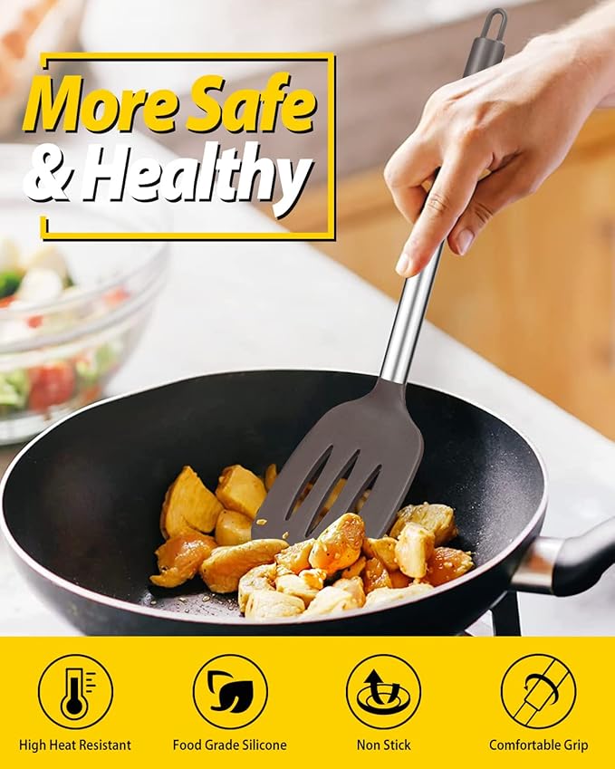 Pack of 2 Silicone Solid Turner, Non Stick Slotted Kitchen Spatulas, High Heat Resistant BPA Free Cooking Utensils, Ideal Cookware for Fish, Eggs, Pancakes(Chocolate) - Image 5
