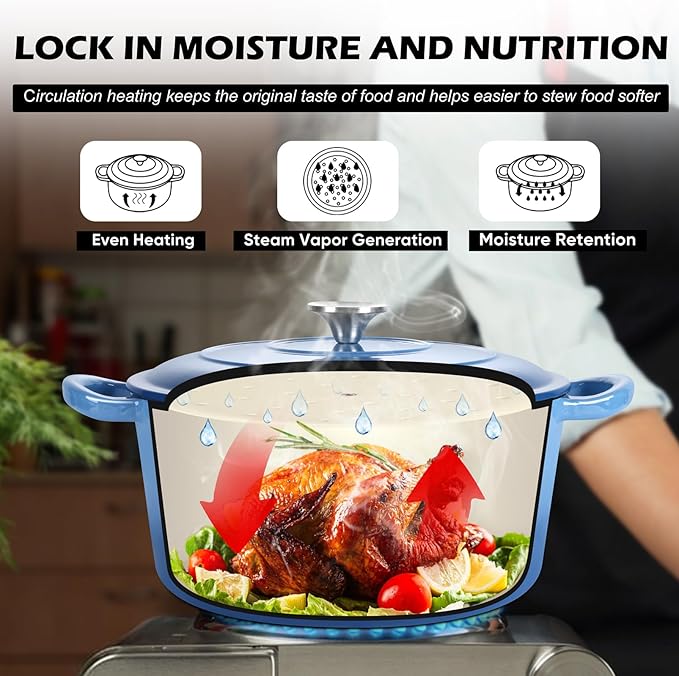 TeamFar 5Qt Dutch Oven, Enameled Cast Iron Dutch Oven with Lid & Dual Handles for Cooking Baking Braising Simmering, Healthy & Sturdy, Oven & Various Stovetops Safe, Non-stick & Easy Clean - Blue - Image 7