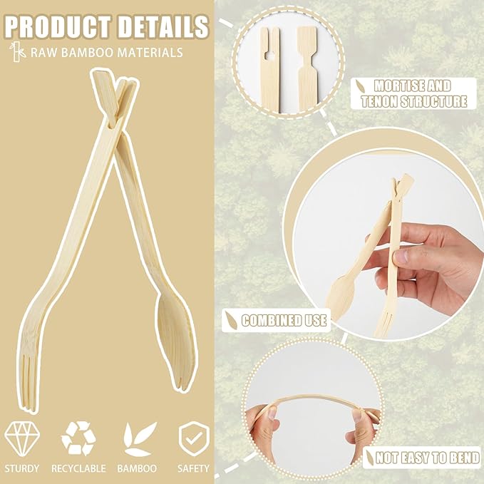 Bamboo Forks Set, 30 Sets Disposable Cutlery (30 Biodegradable Forks, 30 Compostable Spoons), Detachable 3 in 1 Bamboo Spoons and Forks, Multi-functional Chopstick Tongs