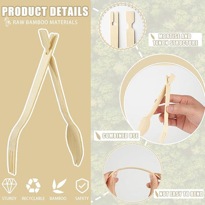 Bamboo Forks Set, 30 Sets Disposable Cutlery (30 Biodegradable Forks, 30 Compostable Spoons), Detachable 3 in 1 Bamboo Spoons and Forks, Multi-functional Chopstick Tongs