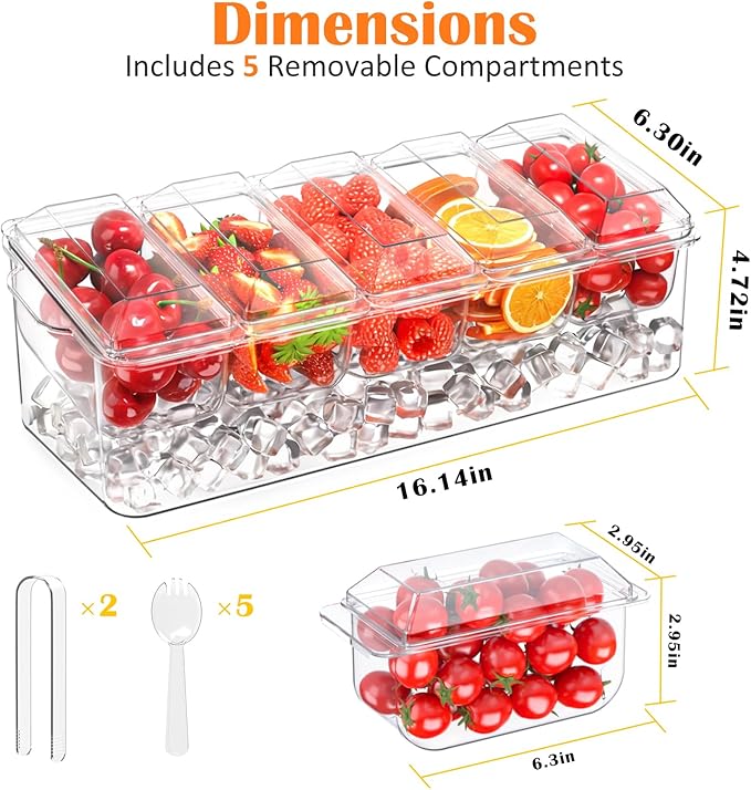 ARSTPEOE Condiment Tray, Chilled Condiment Server for Home, Party, Celebration, Bar Garnish Holder on Ice, Bar Accessories Fruit and Salad with Removable Trays and Lids (5 Spoons & 2 Tongs)