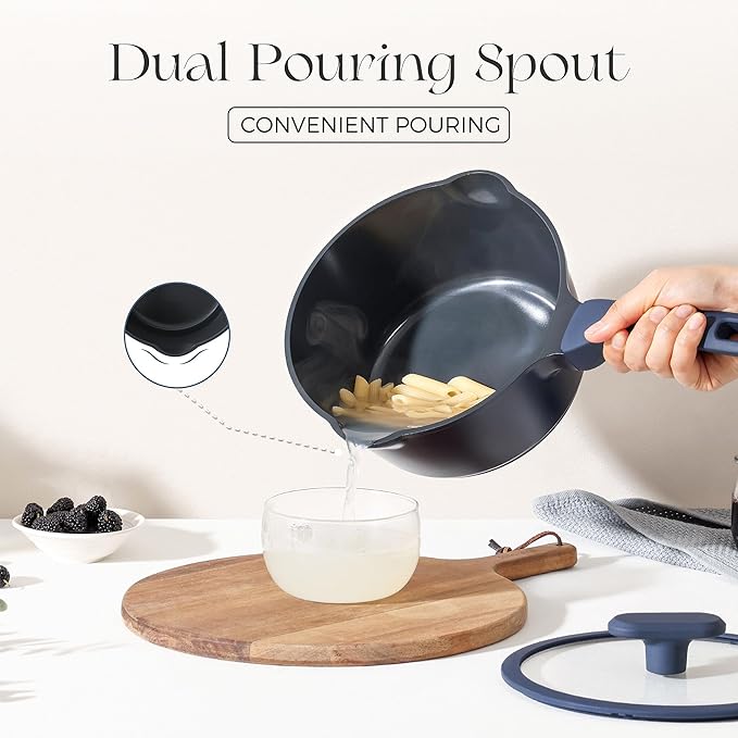 PRICUSIS Ceramic Nonstick Saucepan with Lid, 1.3 Quart Non Toxic Pot with Pour Spouts, Full Coated, 100% Dishwasher Safe, Induction Compatible & Oven Safe, PTFE PFAS & PFOA Free, Blue - Image 4