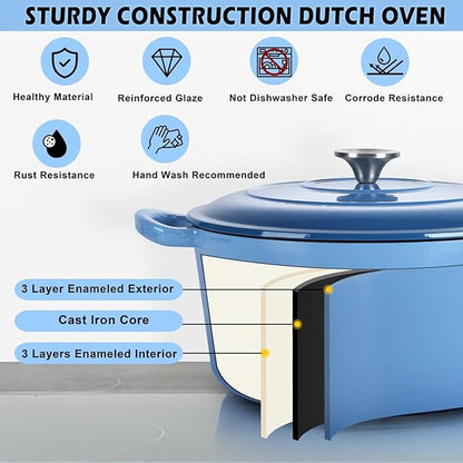 TeamFar 6QT Dutch Oven with Lid, Enameled Nonstick Cast Iron Dutch Oven Cooking Pot for Stewing Baking Braising, Various Stoves & Oven Safe, Toxic Free & Solid, Dual Handles & Easy Cleanup - Blue - Image 6