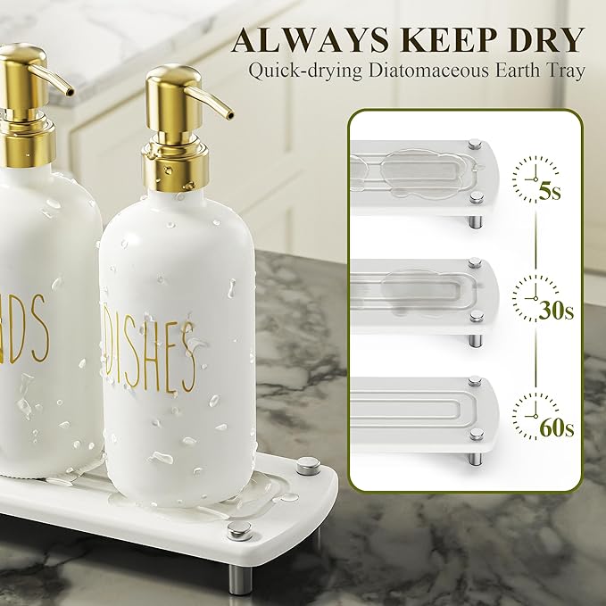 Cisily Kitchen Soap Dispenser Set Comes with Ceramics Sponge Holder, Gold Pumps, and Instant Dry Tray, Hand and Dish Soap Dispenser Set (4, Gold + White + Sponge Holder) - Image 2