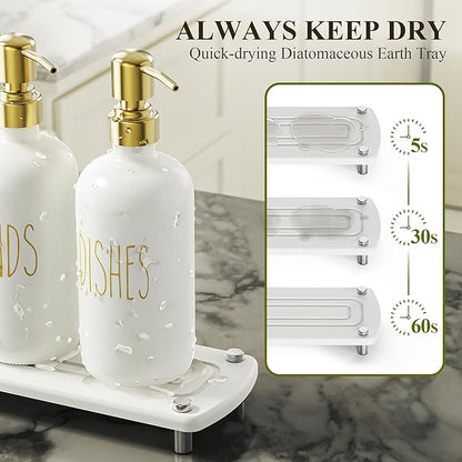 Cisily Kitchen Soap Dispenser Set Comes with Ceramics Sponge Holder, Gold Pumps, and Instant Dry Tray, Hand and Dish Soap Dispenser Set (4, Gold + White + Sponge Holder) - Image 2