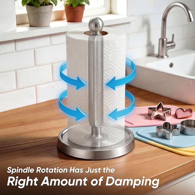 theaoo Paper Towel Holder Countertop, One-Handed Tear Paper Towel Stand Dispenser with Damping Function for Kitchen Bathroom, Stainless Steel Paper Towel Holder with Weighted Non-slip Base (1, Silver) - Image 3