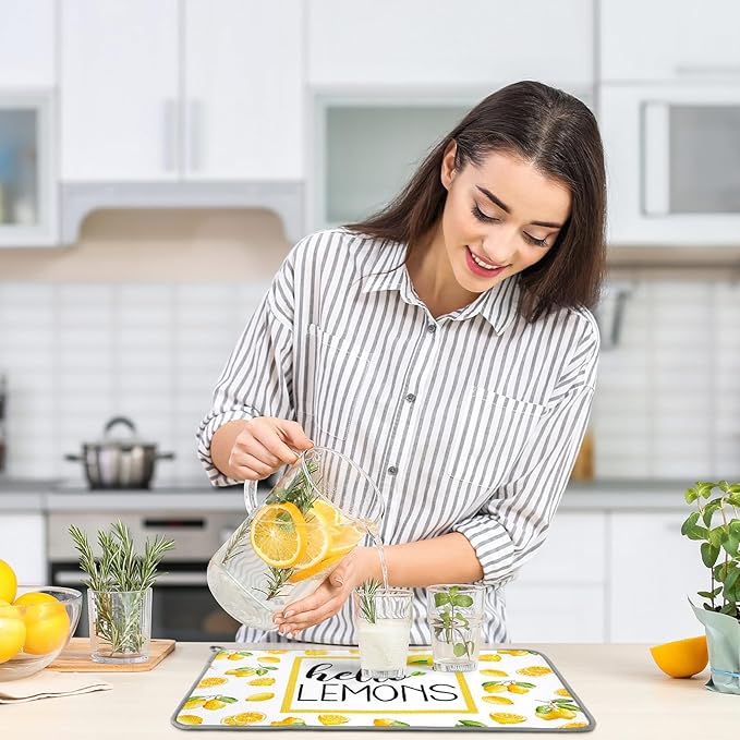 Zonon Dish Drying Mat for Kitchen Counter 16 x 24 Microfiber Absorbent Dish Drainer Rack Pads Fast Dry Mat Vintage Kitchen Decorations(Lemon) - Image 5