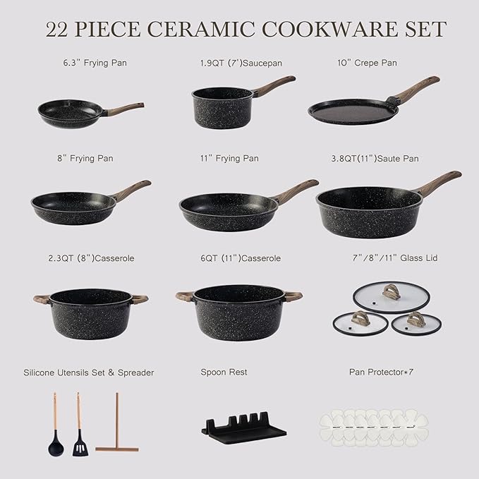 Ceramic Cookware Set 22 Piece Nonstick Pots and Pans Set Non Stick Kitchen Cooking Sets 8"Frying Pans with Lid,Black Granite Non-Toxic Induction Kitchen Cookware w/Glass Lids PFOS/PFOA-Free - Image 6