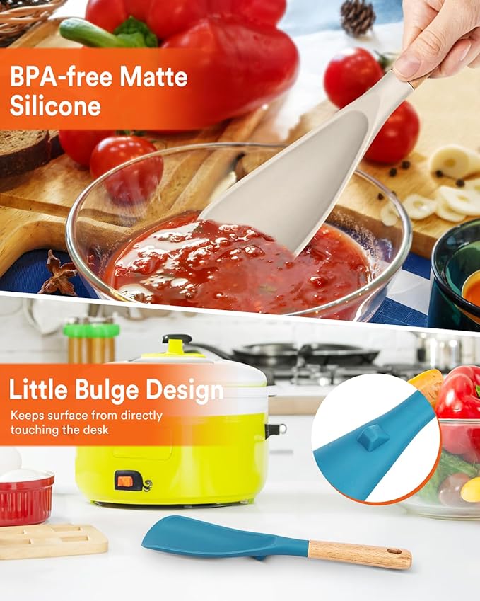 Cooking Spoon for Nonstick Cookwares, Great for Cooking and Serving Sturdy BPA-Free Matte Silicone, Wood Handle Spoon for Mixing, Scoop, and Scrape (Khaki & Turquoise, 11.4 inch) - Image 5