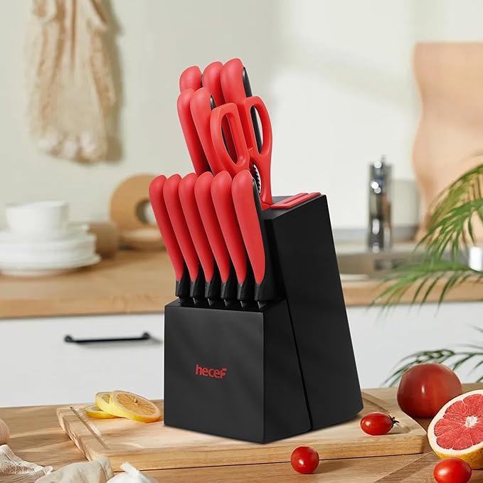 hecef 14 Pieces Kitchen Knife Set with Built-in Sharpening Wooden Block, Dishwasher Safe, High Carbon Stainless Steel Knife Block Set with Steak Knives, Kitchen Scissors (Red)