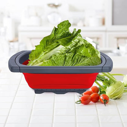 Collapsible Colander Strainer with Extendable Handles - Over the Sink Vegetable/Fruit Colanders Strainers for Kitchen, Capacity of 6 quart (Red)