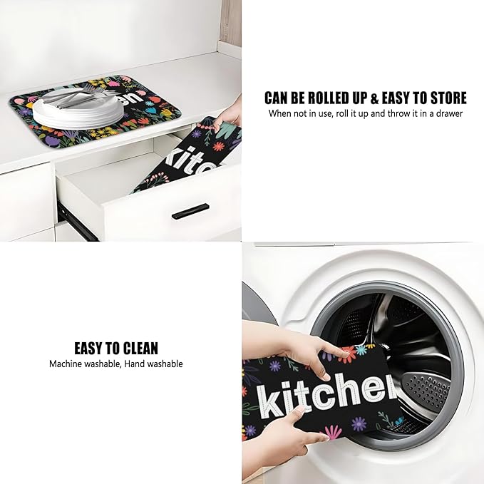 Dish Drying Mat for Kitchen Counter 2 Pack with Non-Slip Rubber Backing - Heat-Resistant Absorbent Coffee Bar Mat, Dish Rack Mat, Black Kitchen Flowers Dish Drying Mats 18x24+19.5x12 inch