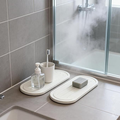 Razborci 2PCS Water Absorbing Stone Drying Tray Mat for Bathroom Sink & Kitchen Counter Faucet Organizer Decor, Quick Dry Dish Soap Dispenser Sponge Holder, Vanity Sink Caddy Coaster,White -10"*3.8"