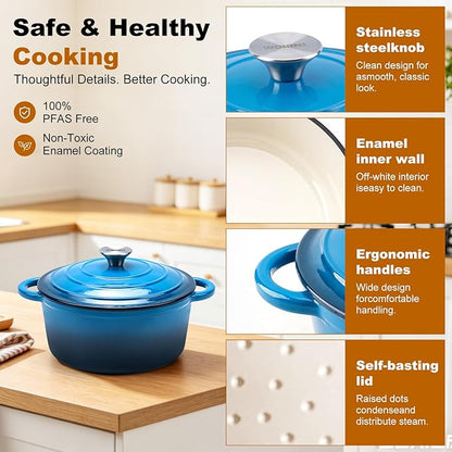 Enameled Cast Iron Dutch Oven - 5.5QT Pot with Lid,Oven Safe to 500°F,Heavy-Duty Cookware for Sourdough Bread Baking,Braising,Stews,Roasting blue - Image 6