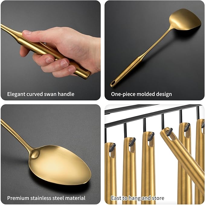 304 Stainless Steel Cooking Utensil,Kitchen Utensil with Spatula, Solid Spoon, Ladle, Skimmer, Spaghetti Spoon, 6 Piece Set, Dishwasher Safe(Gold) - Image 6