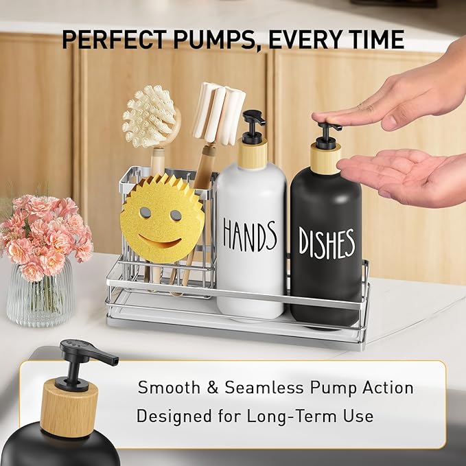 Moforoco Kitchen Dish Soap Dispenser Set, 16OZ Glass Bottle, Hand and Dish Soap Dispenser Set, Instant Dry Tray, Brush Holder with Smiley Face Sponge Holder (Silver Tray+Black&White Bottle) - Image 4