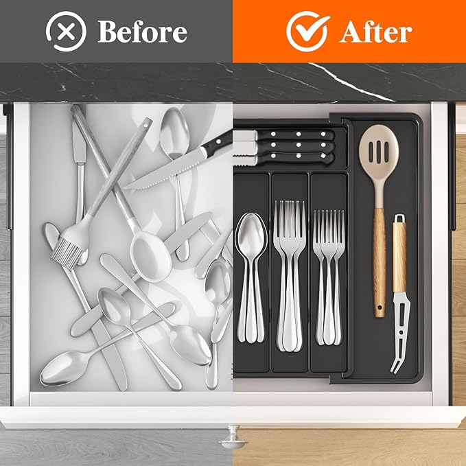 Lifewit Silverware Drawer Organizer, Expandable Utensil Tray for Kitchen, BPA Free Flatware and Cutlery Holder, Adjustable Plastic Storage for Spoons Forks Knives, 11-18 x 14", Black - Image 6