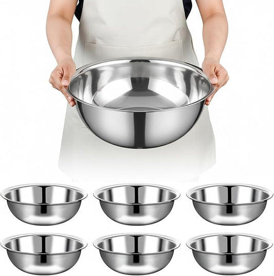 6 Pcs Stainless Steel Mixing Bowls Metal Mixing Bowls Extra Large Basin Salad Bowl with Deeper Edge, Dishwasher Safe, Mirror Finish for Home and Commercial, Silver (13 Inch 7 Qt)