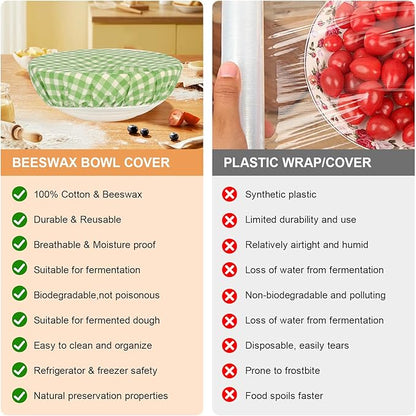 Reusable Bowl Covers for Bread Proofing（2 Large）- Cotton Beeswax Bowl Covers Reusable with Elastic Rim, Sourdough Bowl Cover for Food Storage and Food Preservation (10INCH) (checkered)