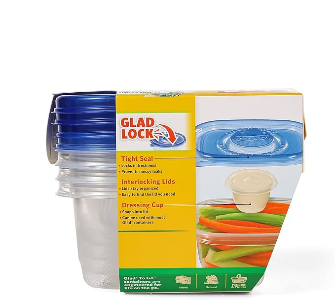 Glad GladWare To Go Snack Food Storage Containers with Lids, Medium Rectangle BPA Free Plastic with Built-In Dressing Cup for Salads and Snacks, Microwave Dishwasher Safe, 24 Oz, 4 Count - Image 4