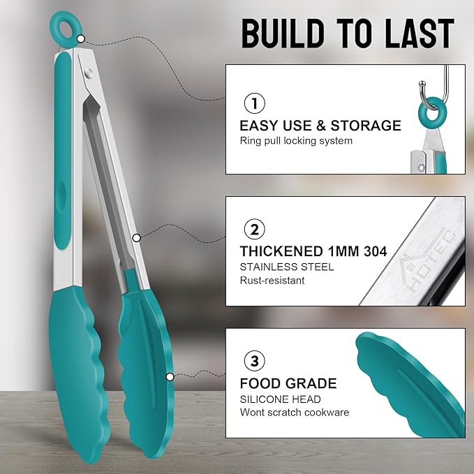 HOTEC Premium Stainless Steel Locking Kitchen Tongs with Silicon Tips, Set of 2-9" and 12", Turquoise - Image 5