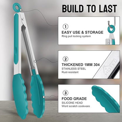 HOTEC Premium Stainless Steel Locking Kitchen Tongs with Silicon Tips, Set of 2-9" and 12", Turquoise - Image 5