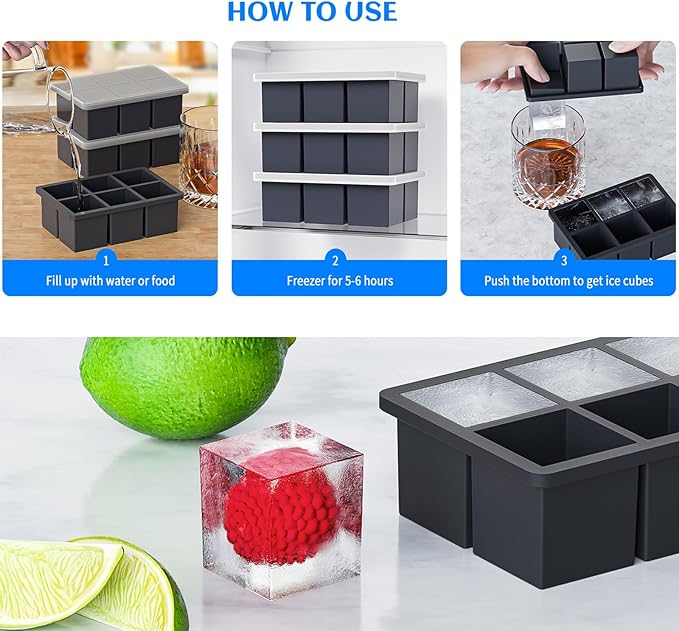 Large Ice Cube Tray for Whiskey 3 Pack, HANCELANT Big Silicone Square Ice Cube Mold with Removable Lid, 2'' Huge Square Ice Cubed Tray for Whisky and Cocktail - Image 5