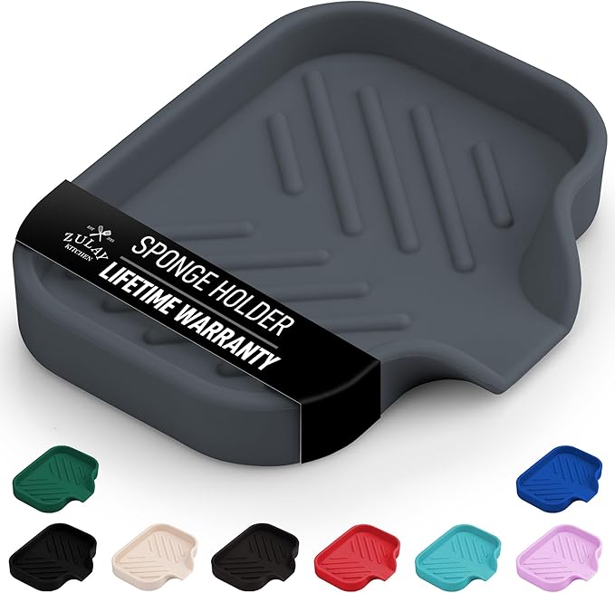 Zulay Kitchen Small Silicone Sponge Holder (4.9x3.3”) – Space-Saving Sink Organizer Tray for Sponge, Soap, Brush & More – Compact Non-Slip Dish for Kitchen & Bathroom (Grey) by ZulayKitchen
