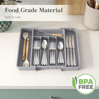 Lifewit Silverware Drawer Organizer, Expandable Utensil Tray for Kitchen, BPA Free Flatware and Cutlery Holder, Adjustable Plastic Storage for Spoons Forks Knives, 8.5-14 x 12", Gray - Image 6