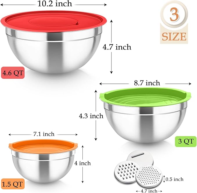 TeamFar Mixing Bowls, Stainless Steel Nesting Salad Bowls with Lids Set & 3 Grater Attachments, For Mixing/Serving/Storing, Non-toxic & Long-lasting, Size 4.6/3 / 1.5 QT, Colorful - Image 2