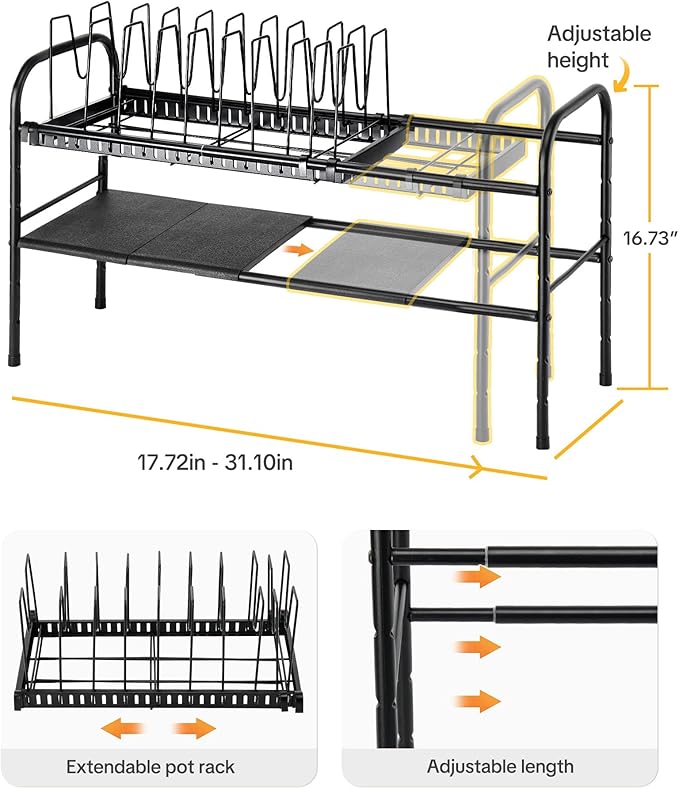 HULISEN Pots and Pans Organizer Under Cabinet, Expandable 2-Tier Pots and Pans Lid Storage Rack Holder with 10 Dividers, Adjustable Height Under Sink Organizer, Maximize Kitchen Storage Space - Image 2