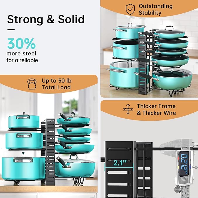 MUDEELA Pots and Pans Organizer Rack under Cabinet 16.61 Height, 8 Tiers Adjustable Pot Pan Rack with 3 DIY Methods, Pot Lid holder for Kitchen Cabinet Organizers and Storage - Image 3