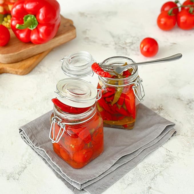 DHSBTLS 4 oz Mini Square Spice Jars, 24 Pack Glass Mason Jars with Airtight Hinged Lid, Leak Proof Storage Container for Spices, Honey, Food Bottles with Silicone Funnel and 40 Labels &Chalkboard Pen