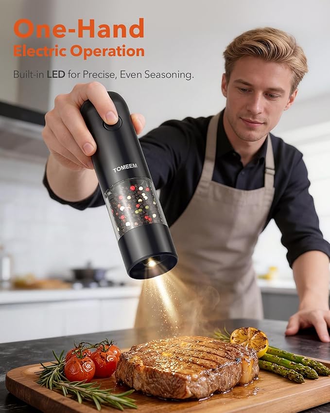 TOMEEM Electric Salt and Pepper Grinder Set with LED Lights，Rechargeable Automatic Pepper and Salt Mill with 6 Adjustable Coarseness, Dust Cover, One-Button Control for Cooking, Home Gifts