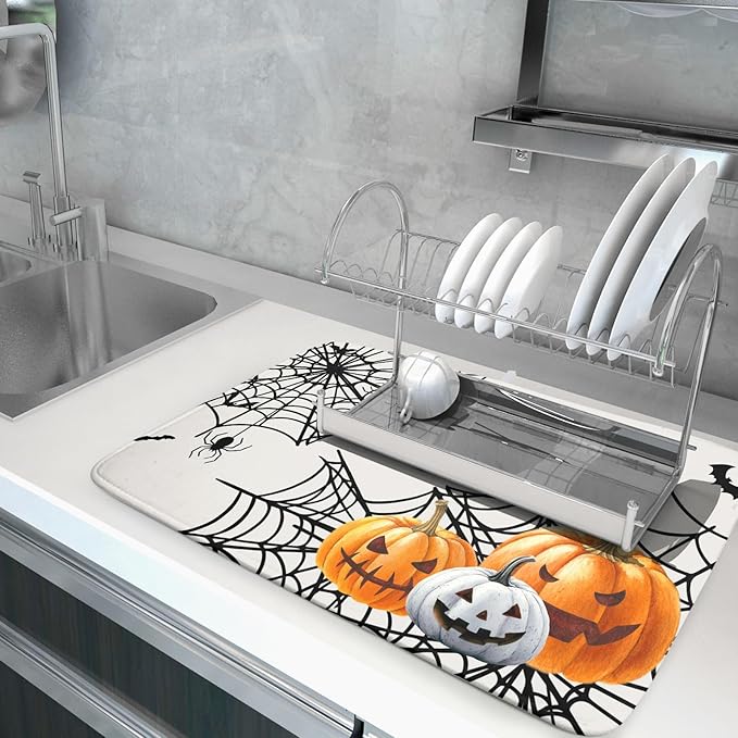 Giwawa Happy Halloween Dish Drying Mat 18"x24" Spooky Colorful Pumpkins Decorative Dish Drainer Mats Horrible Spider Web Bats Reversible Dish Drying Pad for Kitchen Countertop Dining Room