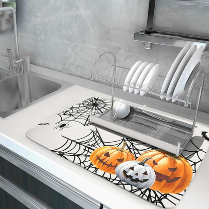 Giwawa Happy Halloween Dish Drying Mat 18"x24" Spooky Colorful Pumpkins Decorative Dish Drainer Mats Horrible Spider Web Bats Reversible Dish Drying Pad for Kitchen Countertop Dining Room