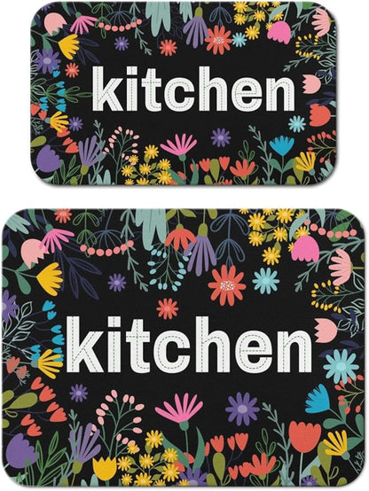 Dish Drying Mat for Kitchen Counter 2 Pack with Non-Slip Rubber Backing - Heat-Resistant Absorbent Coffee Bar Mat, Dish Rack Mat, Black Kitchen Flowers Dish Drying Mats 18x24+19.5x12 inch