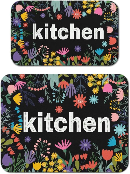 Dish Drying Mat for Kitchen Counter 2 Pack with Non-Slip Rubber Backing - Heat-Resistant Absorbent Coffee Bar Mat, Dish Rack Mat, Black Kitchen Flowers Dish Drying Mats 18x24+19.5x12 inch