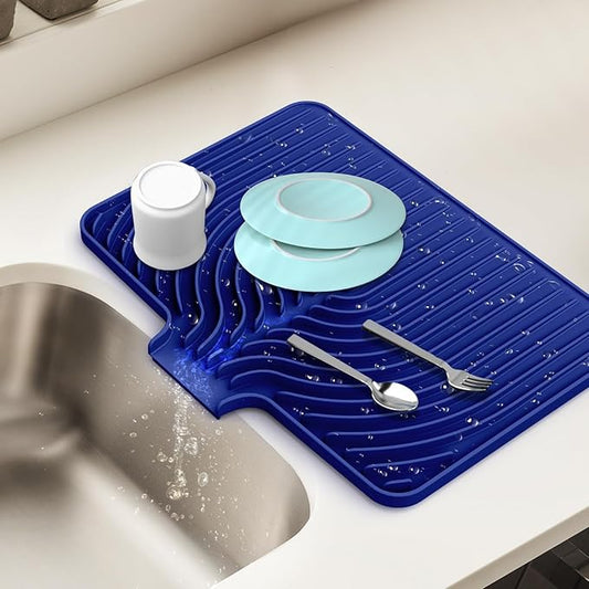 Dish Drying Mat for Kitchen Counter, with Built-in Drain Lip, Food-Grade Silicone, Easy Clean Pad for Countertop Protection, Multi-Functional Use (18x11.8, Midnight Blue) by JACZZO