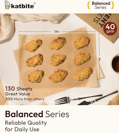 Katbite 130 Pcs Parchment Paper Sheets, 9x13 Inches Unbleached Baking Paper Non-Stick for Gently Baking, Pre-cut Parchment Paper Suitable for Baking, Cooking,Air Fryer [Balanced Series] - Image 2