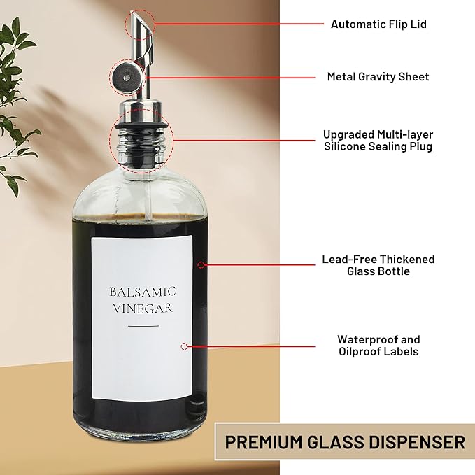 3PCS Oil Dispensers with Labels 16.23oz Kitchen Cooking Glass Bottles Containers with 304 Stainless Steel Automatic Pump Heads Anti-Corrosion & Rustproof - Image 5